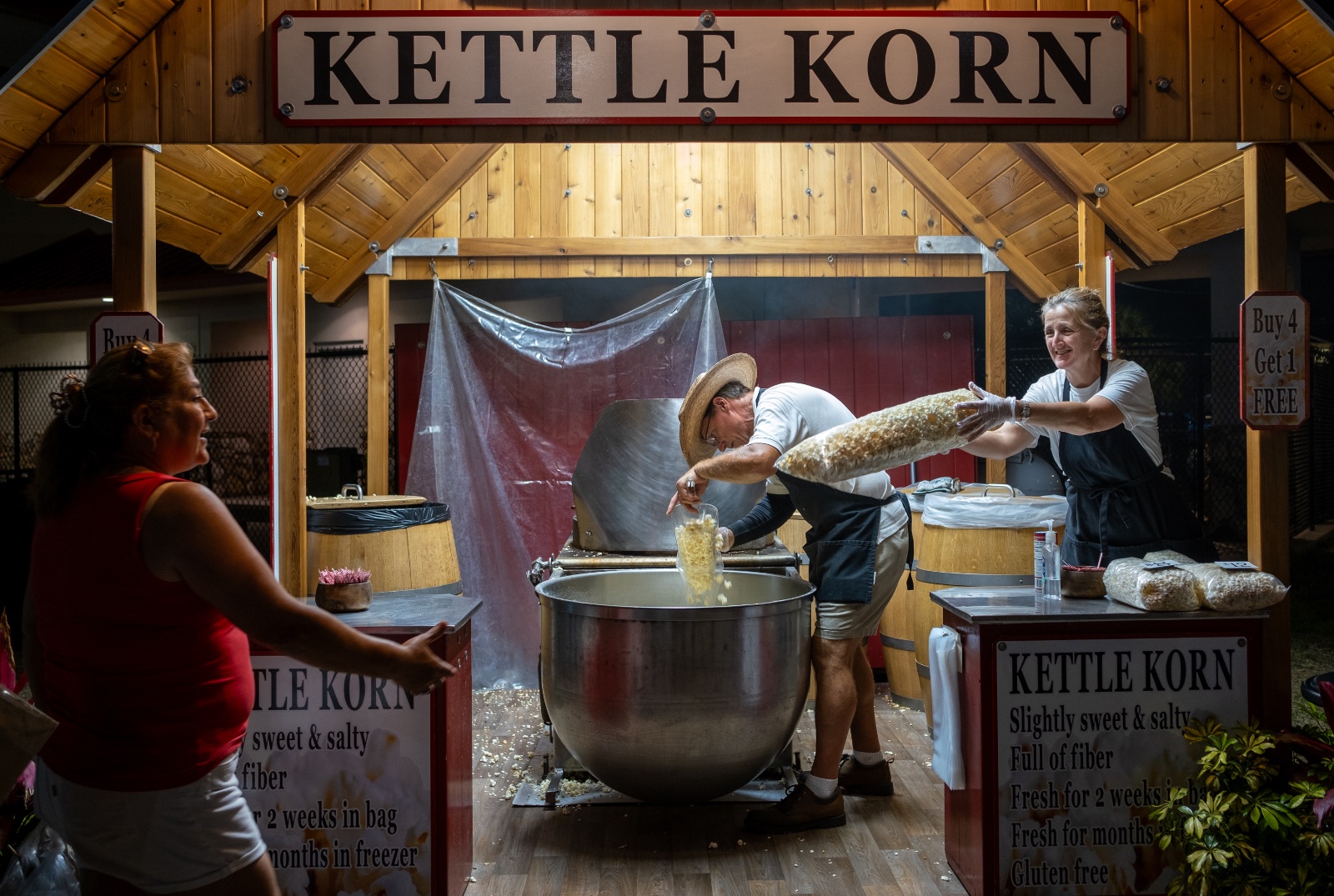 Venders sell kettle corn at the Florida Strawberry Festival in Plant City, Florida March 9, 2025. Photo by Daniel LeClair