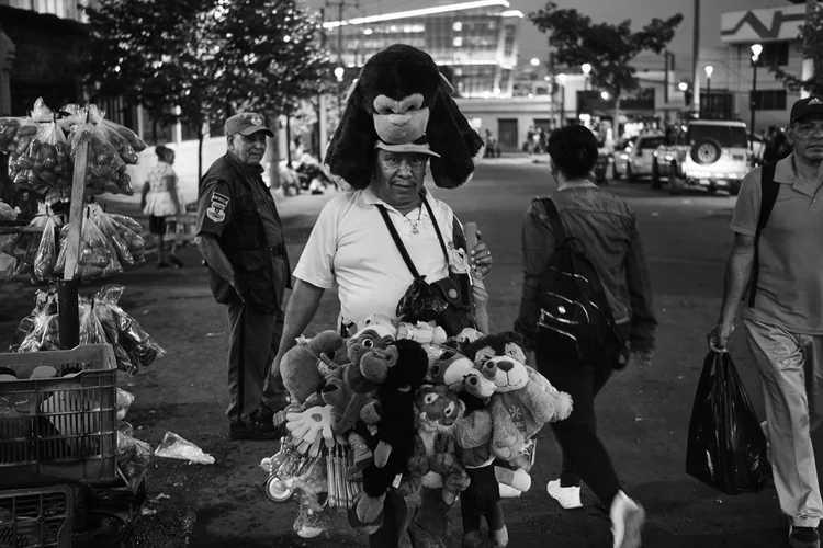 Street vendor selling stuffed animals at night, wearing a large plush toy on their head, with people and a cityscape in the background.