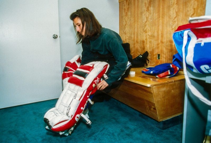 Manon Rheaume puts on her pads before taking the ice at Hockeyfest II in Tampa on August 2, 1992.