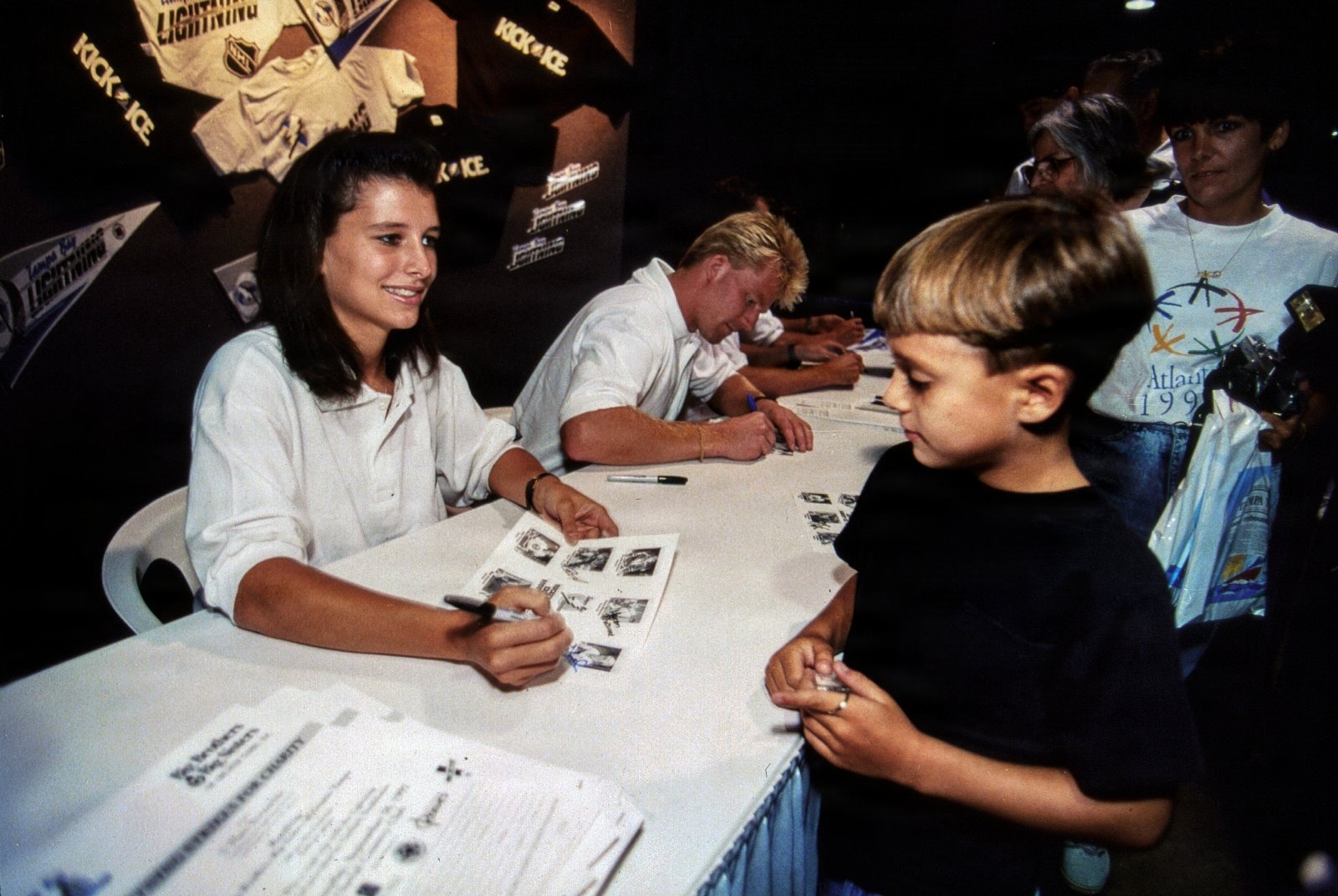 Tampa Bay Lightning goalie Manon Rheaume signs autographs at Hockeyfest II on August 22, 1992 at the Expo Hall in Tampa, Florida