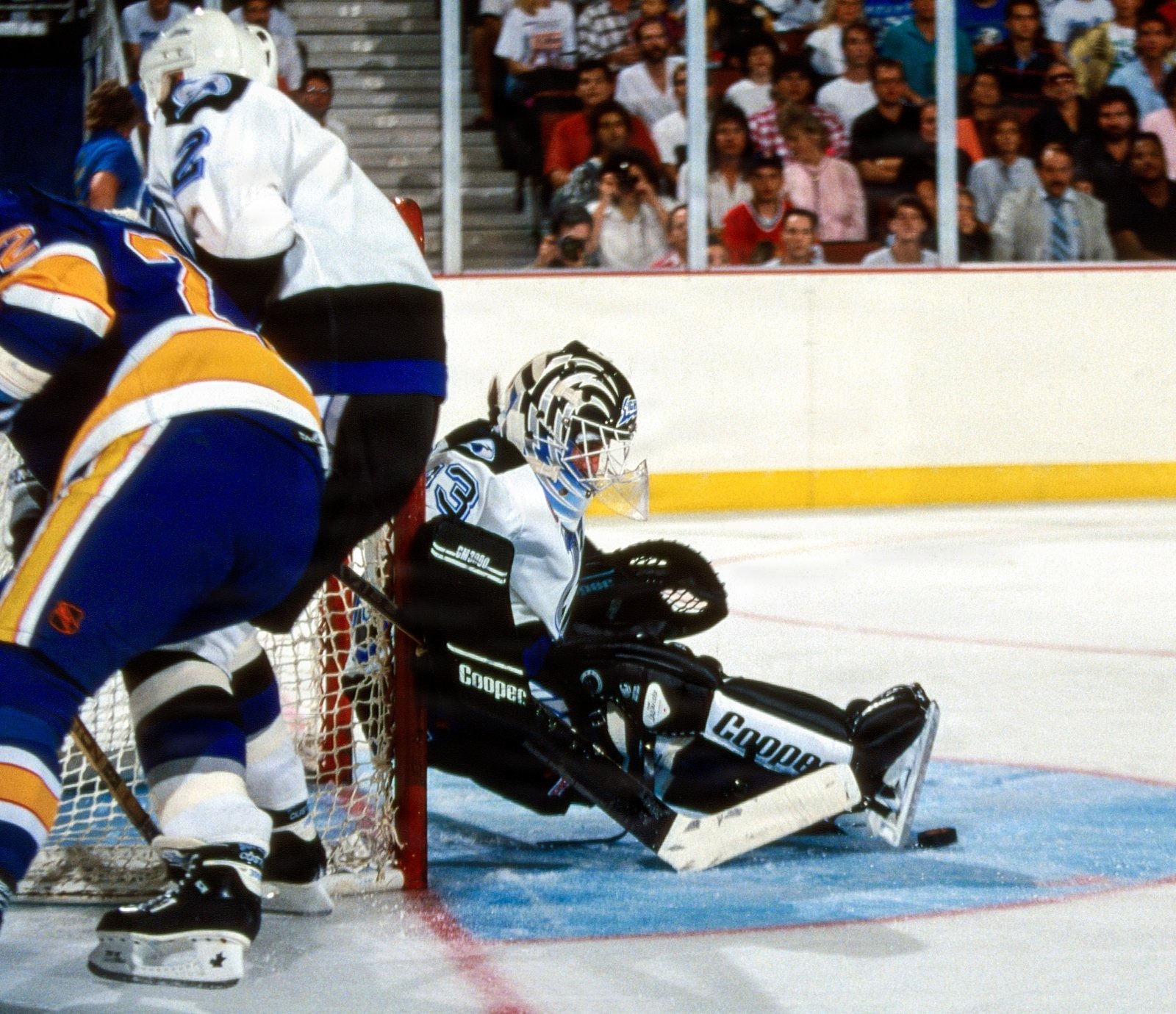 Goaltender Manon Rheaume makes a save during the Tampa Bay Lightning vs St. Louis Blues preseason game on September 23,1992 at the Expo Hall arena in Tampa, Florida