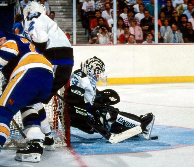 Goaltender Manon Rheaume makes a save during the Tampa Bay Lightning vs St. Louis Blues preseason game on September 23,1992 at the Expo Hall arena in Tampa, Florida