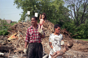 Tyree and Karen Guyton in front of the remains of ‘The Baby Doll House’, demolished by Mayor Coleman Young in 1987.