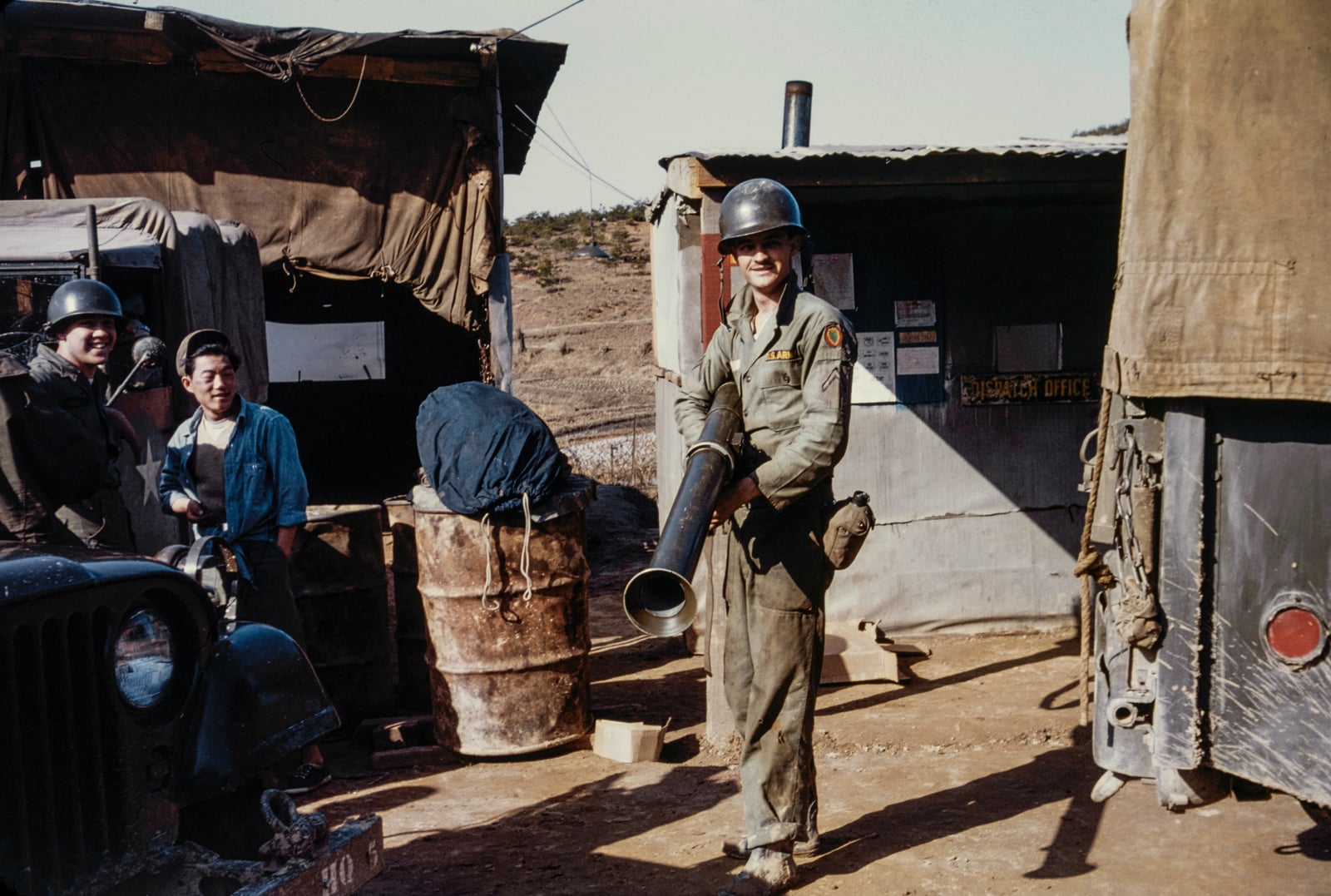 US Army soldier with a bazooka at an army base near the DMZ in South Korea                               