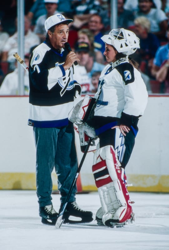 Manon Rheaume chats with Phil Esposito on the ice at Hockeyfest II in Tampa on August 2, 1992.